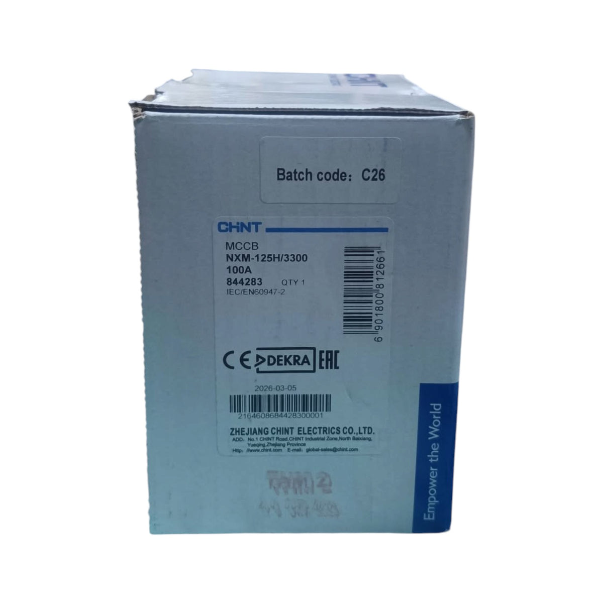 A light blue-gray cardboard box for a CHINT electronic component, featuring a white label with blue text and barcodes, set against a plain white background.