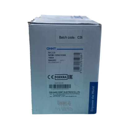 A light blue-gray cardboard box for a CHINT electronic component, featuring a white label with blue text and barcodes, set against a plain white background.