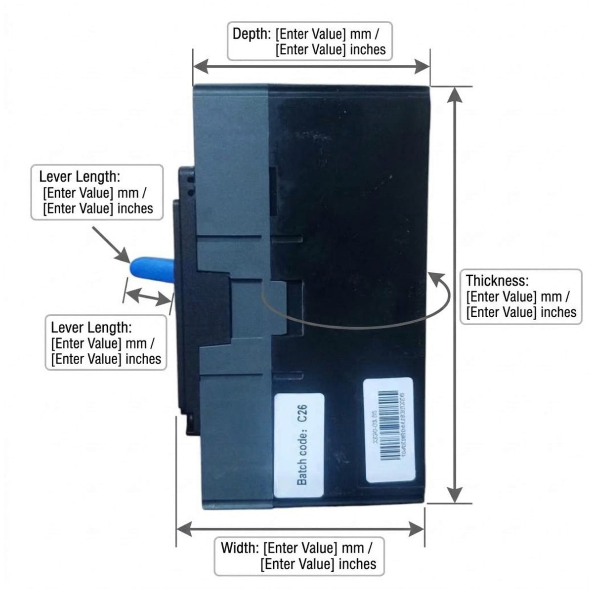A black electrical component or module shown on a white background with dimension arrows and labels for depth, thickness, width, and lever length.