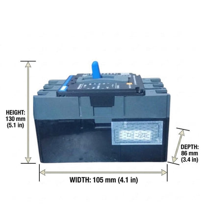 A black rectangular battery with a blue terminal cap and measurement annotations showing height, width, and depth on a white background.