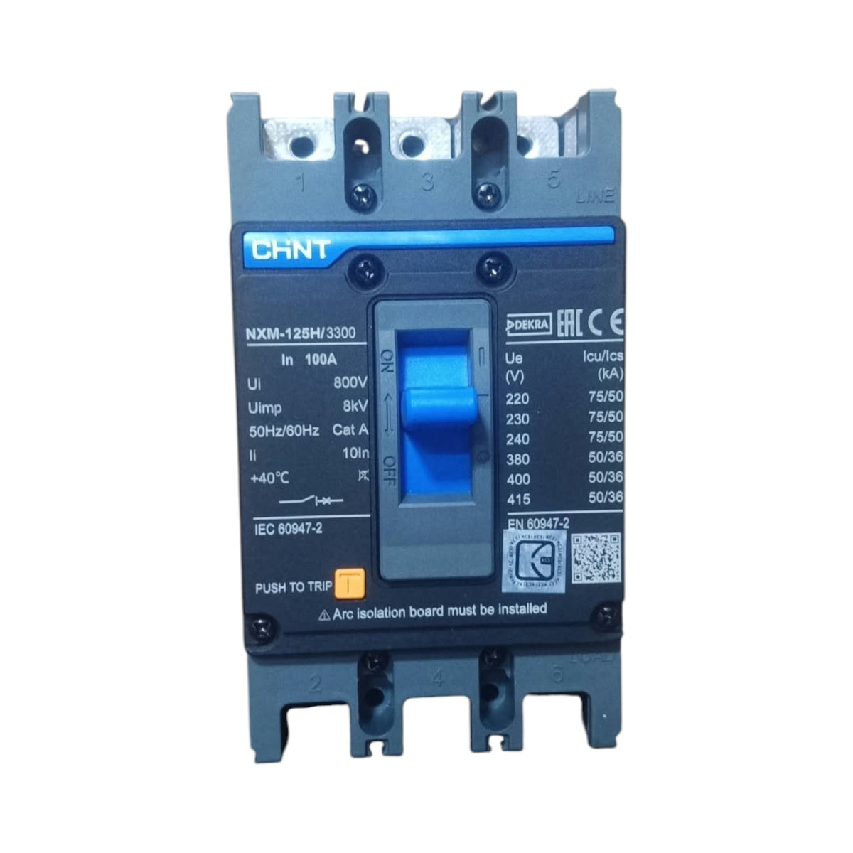 A CHNT NM-1-280M/3300 electrical circuit breaker with a blue central handle, black and gray housing, and white printed technical specifications on a white background.