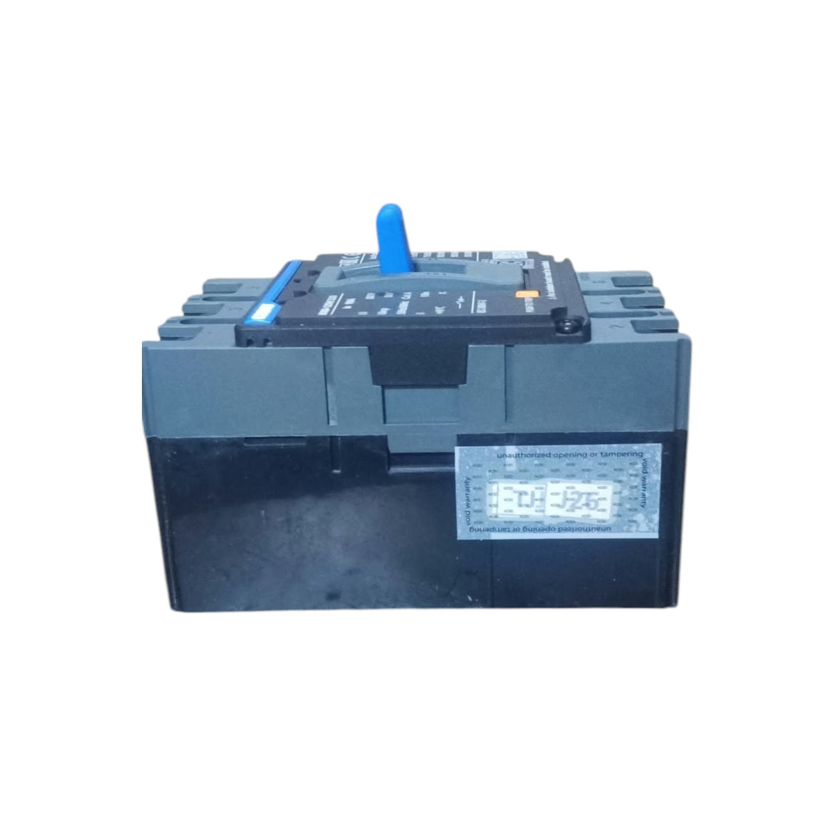 A heavy-duty industrial battery with a black plastic casing, a blue top handle, and a clear label on the front, shown against a plain white background.