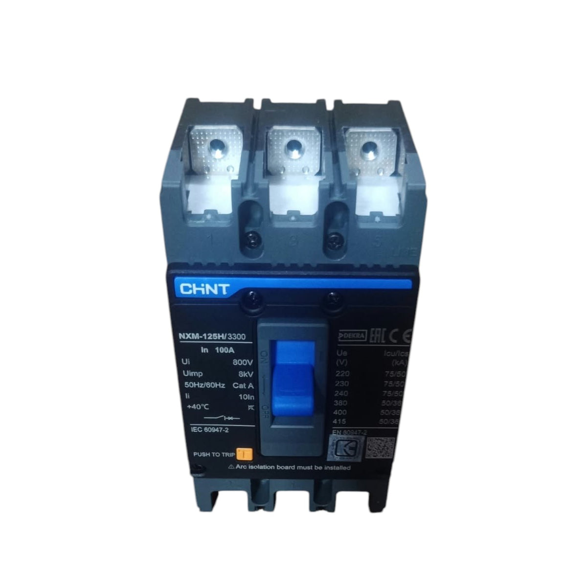 A CHNT NXM-125M 3303I electrical circuit breaker with a dark gray housing, blue handle, and white terminal caps, shown on a plain white background.