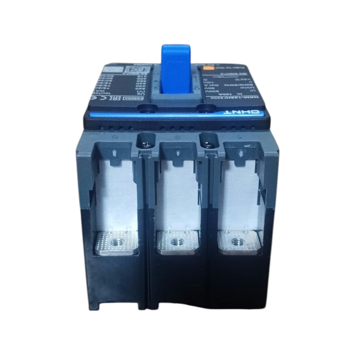 A three-pole circuit breaker with a blue handle on top, featuring a black and blue housing with three open terminal compartments, photographed against a plain white background.
