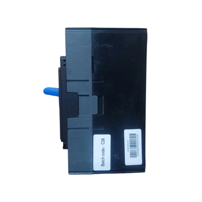 A black plastic electronic component or module with a blue connector tab on the left side and two white labels on the front, shown against a plain white background.