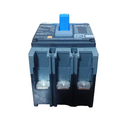 A three-pole electrical circuit breaker with a blue handle on top, set against a plain white background.