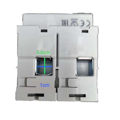White plastic electrical terminal block connector with dimension markings showing 0.8cm and 1cm on a white background.
