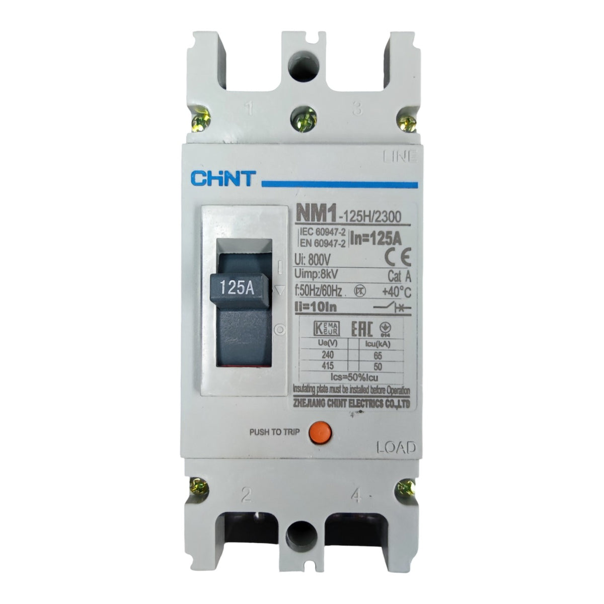 A CHNT NM1 circuit breaker with a 125A switch, featuring a white plastic housing, blue printed text and logo, and a small orange reset button, shown against a plain white background.