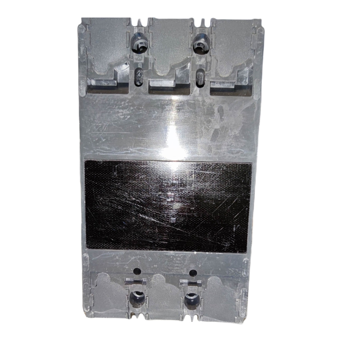 A heavy-duty industrial electrical contactor or relay component with a brushed silver metal body and a prominent black mesh screen in the center, isolated on a white background.