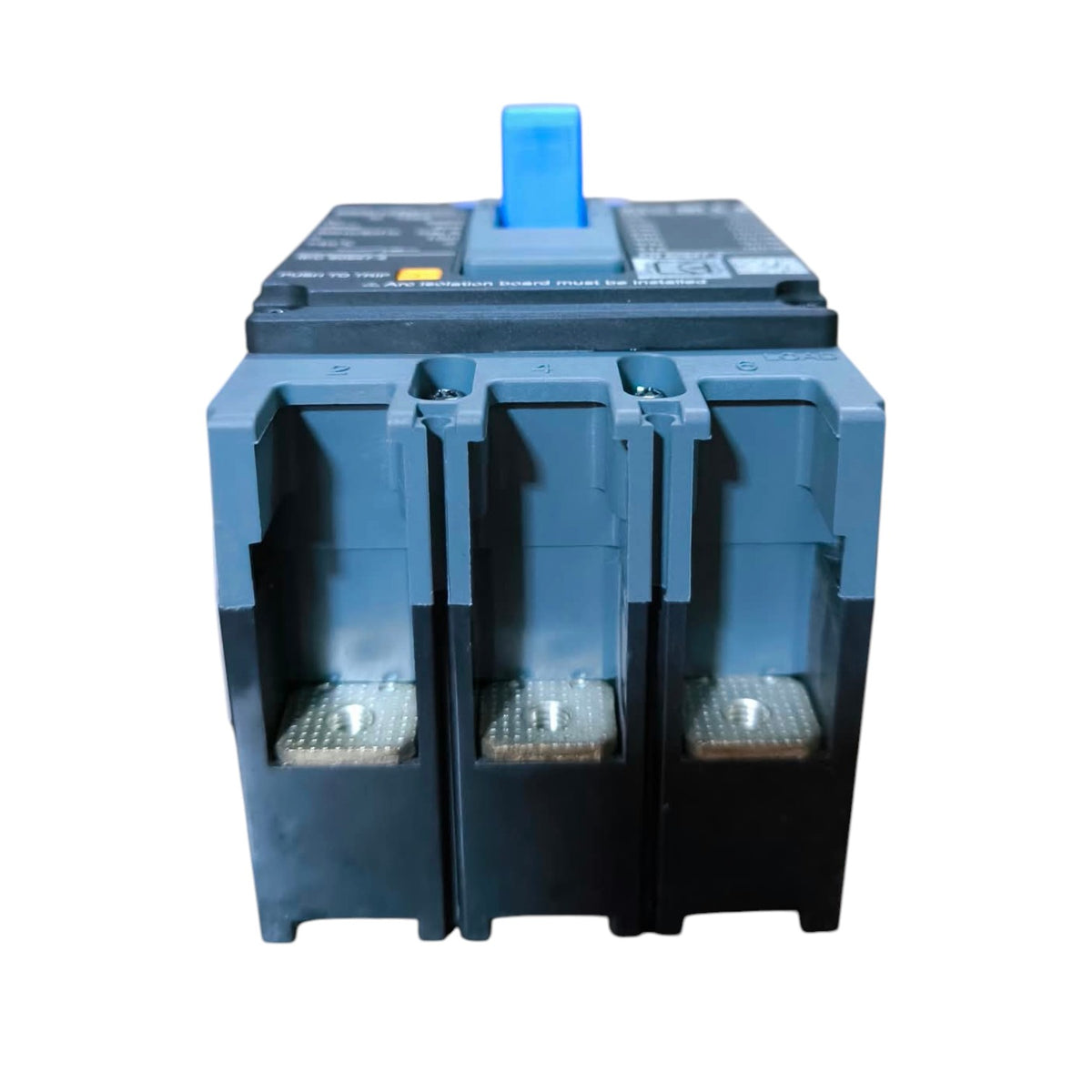 A three-terminal industrial electrical fuse holder or circuit breaker component with a blue top handle, shown against a plain white background.