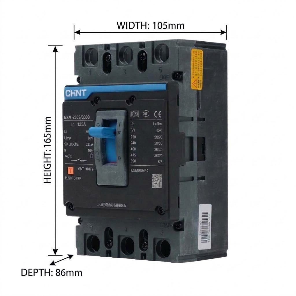 CHNT electrical contactor with dimension annotations showing width 105mm, height 165mm, and depth 86mm on a white background.