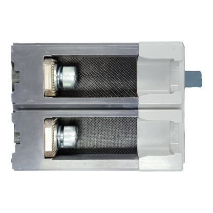 A close-up of a rectangular metal component with two parallel slots containing dark mesh or filter material, each with a silver metal end and a small blue tab extending from the right side, on a plain white background.
