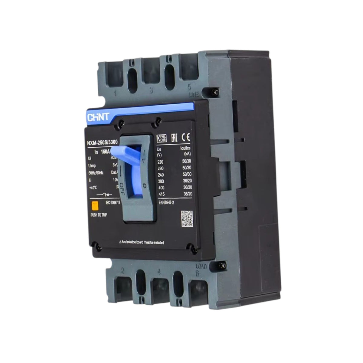 A CHNT NKM-2000S3/300 electrical contactor with a black front panel, gray plastic housing, and blue switch handle, shown on a plain white background.