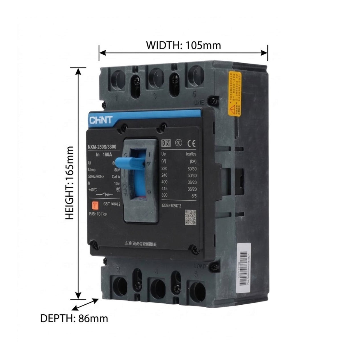 A CHNT circuit breaker shown on a white background with dimension annotations indicating width 105mm, height 165mm, and depth 86mm.
