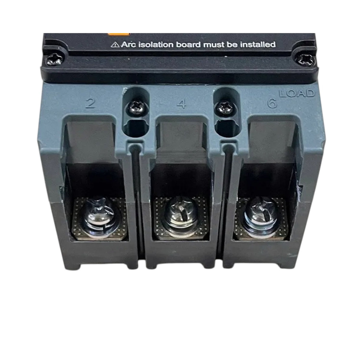 A three-terminal electrical contact block with a black top cover and gray plastic housing, featuring terminal markings 2, 4, 6, and a warning label reading 'Arc isolation board must be installed'.