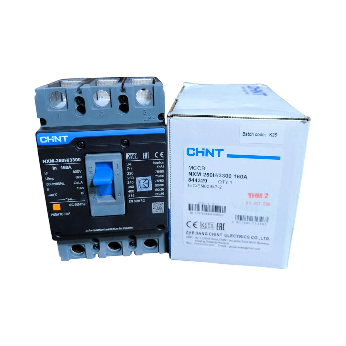 A CHNT electrical contactor next to its white product packaging box, displayed on a clean white background.