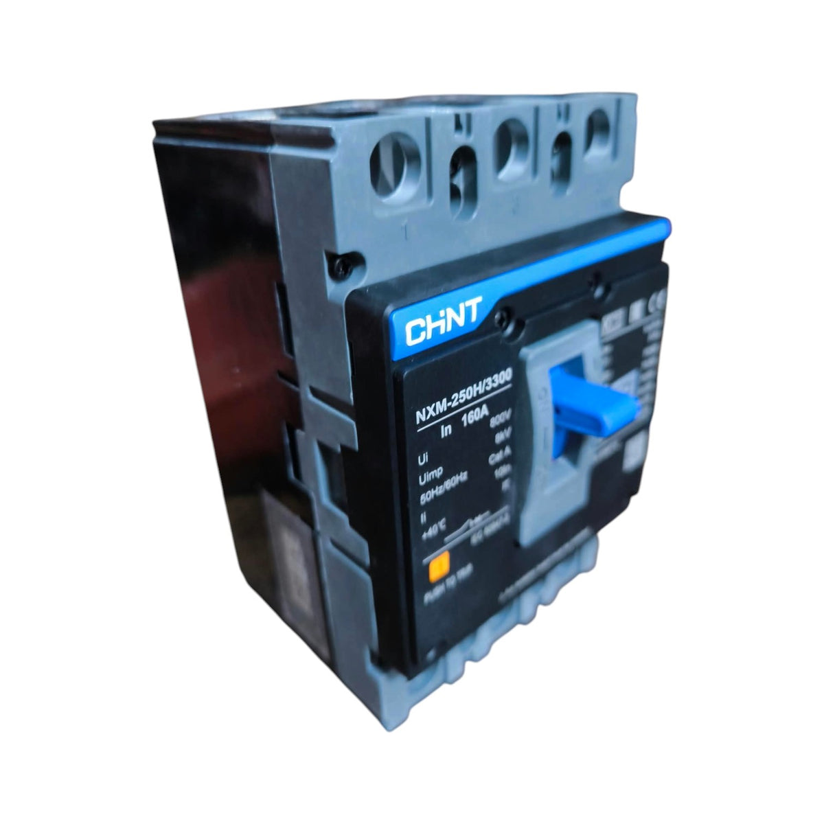 A CHNT electrical circuit breaker with a gray plastic housing, a black front panel, and blue accents, including a blue switch handle, shown on a plain white background.
