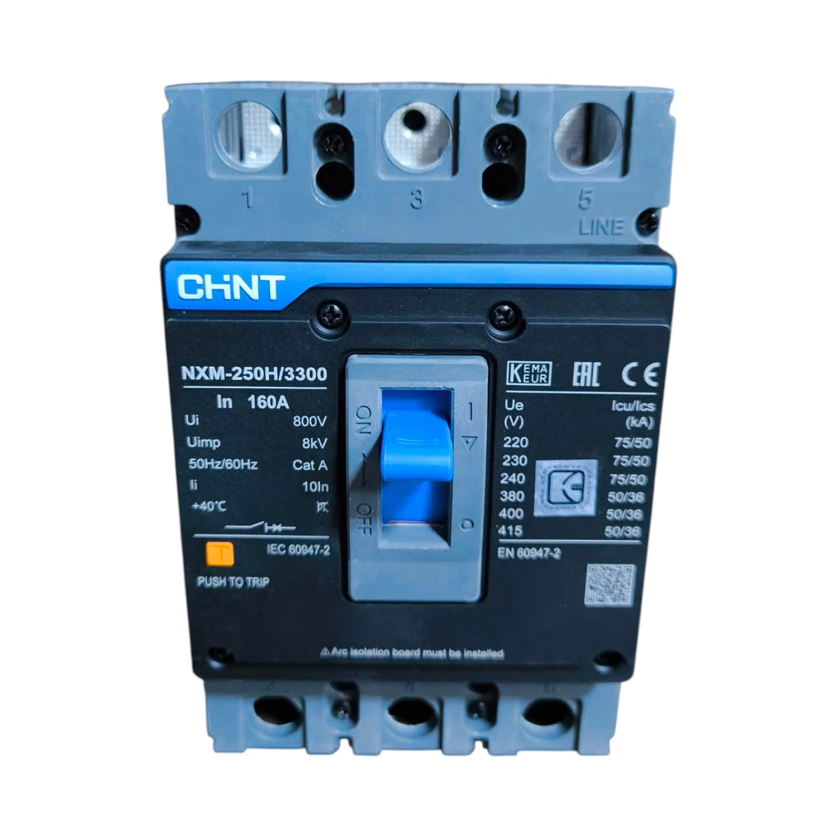A CHINT NXM-250H/3300 electrical contactor relay with a blue and gray plastic housing, featuring a central ON/OFF switch and terminal markings on a white background.