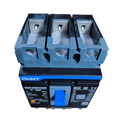A CHNT NXM-250M/3500 4P electrical circuit breaker with a blue and black plastic housing, shown on a plain white background.