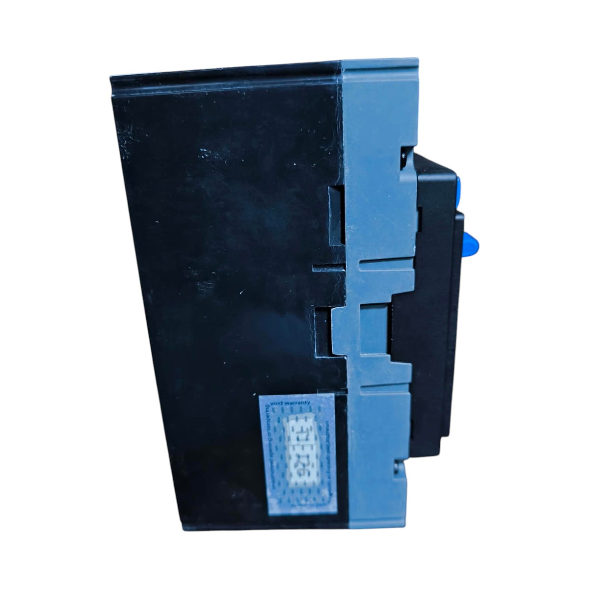 A black plastic electrical component or terminal block with blue side accents and a small white label, shown on a plain white background.