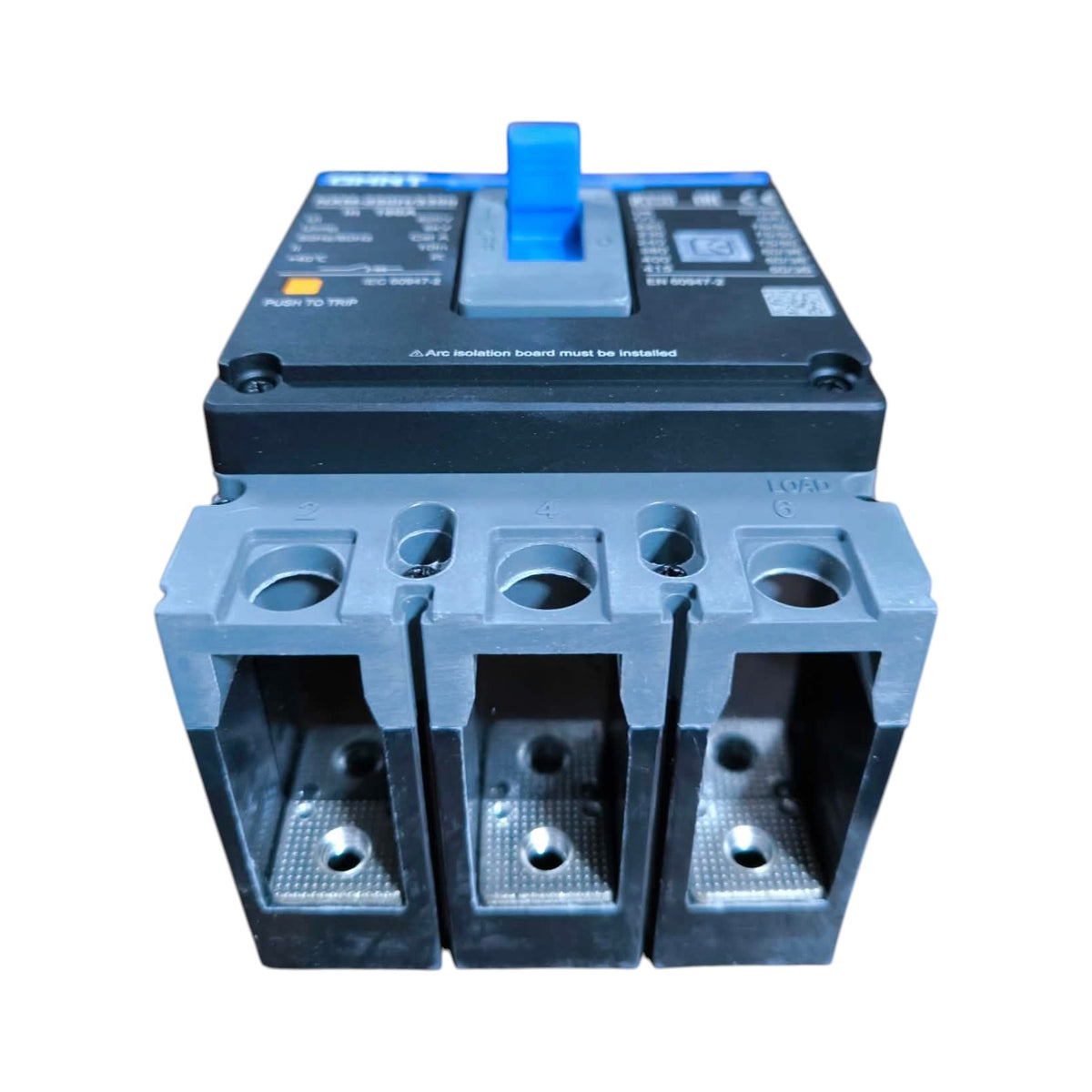 A three-phase electrical contact breaker with a black top plate, blue handle, and gray plastic terminal housing, shown on a white background.