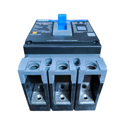 A three-phase electrical contact breaker with a black top plate, blue handle, and gray plastic terminal housing, shown on a white background.