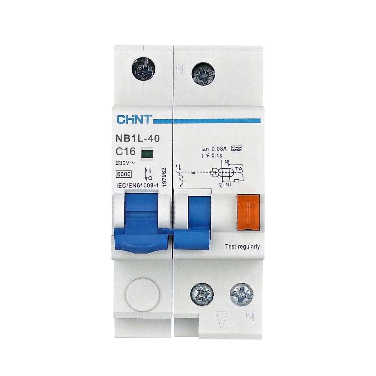 CHNT NB1L-40 C16 miniature circuit breaker with blue and orange switches on a white plastic housing, shown against a plain white background.