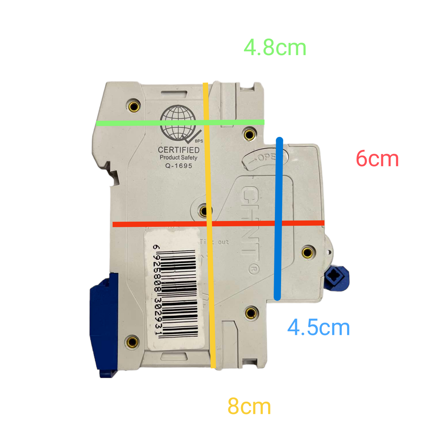 Electrical circuit breaker with measurements marked on a white background