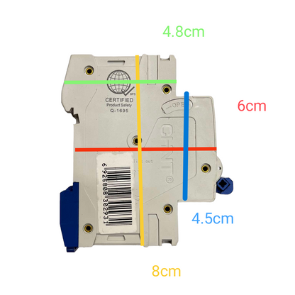 Electrical circuit breaker with measurements marked on a white background