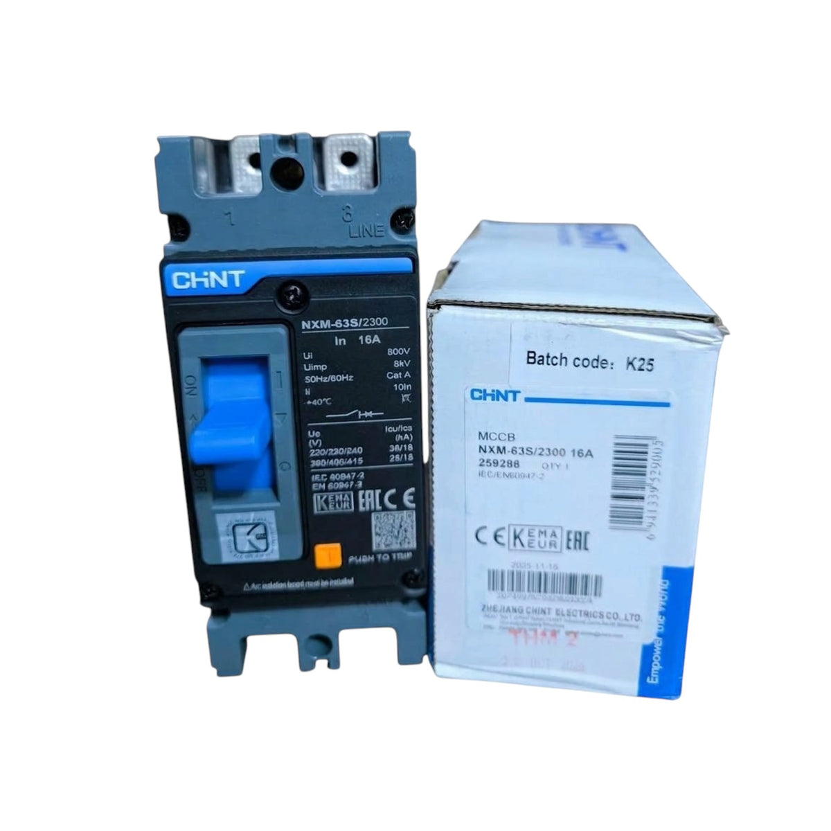 A blue and black CHNT circuit breaker shown next to its white and blue retail box on a plain white background.