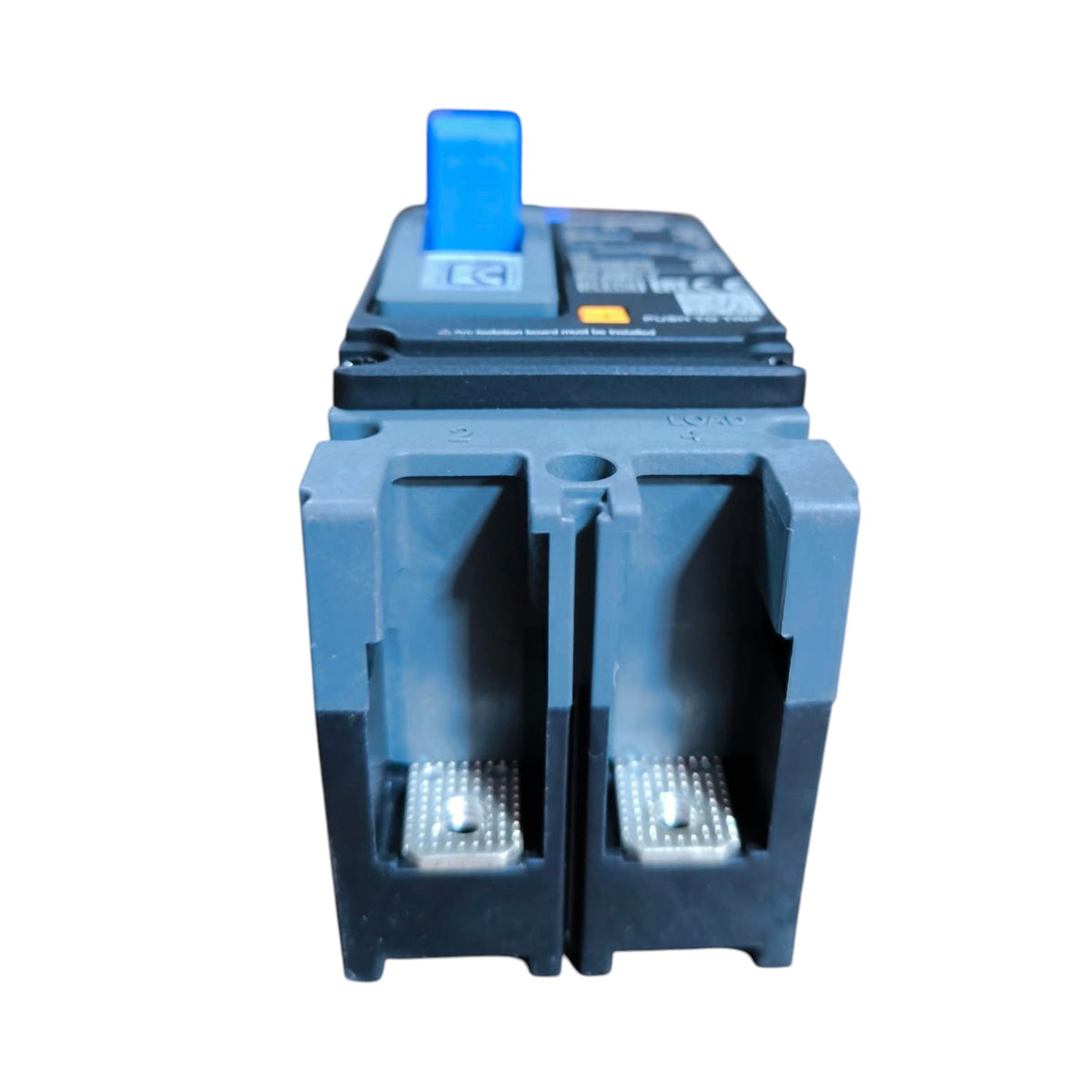 A black electrical circuit breaker with a blue handle and silver metal terminals, shown against a plain white background.