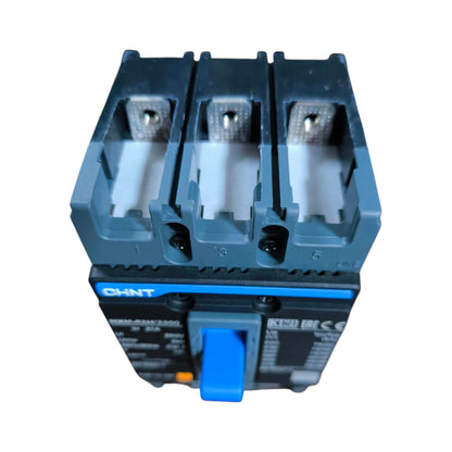 A CHNT electrical circuit breaker with a blue handle and blue accents, featuring three terminal compartments at the top, shown on a plain white background.