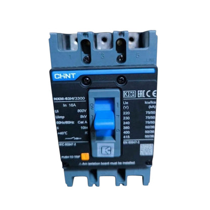 A CHNT brand modular electrical circuit breaker, model RDXM-63HF3300, featuring a blue and black plastic housing with a blue switch handle and technical specifications printed on the front.