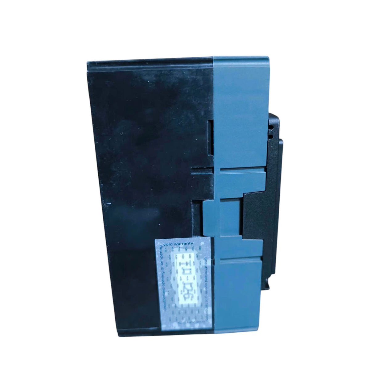 A black plastic automotive light module or switch component with a blue-gray side housing and a small illuminated white indicator panel, shown on a plain white background.