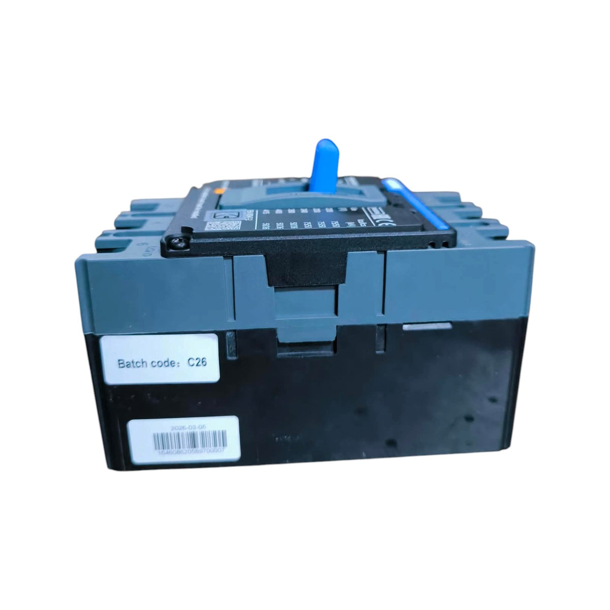 A heavy-duty industrial contactor or relay module, likely Siemens branded, featuring a dark gray and black plastic housing with a blue top handle and a white label showing batch code C26.