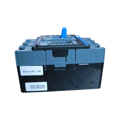 A heavy-duty industrial contactor or relay module, likely Siemens branded, featuring a dark gray and black plastic housing with a blue top handle and a white label showing batch code C26.