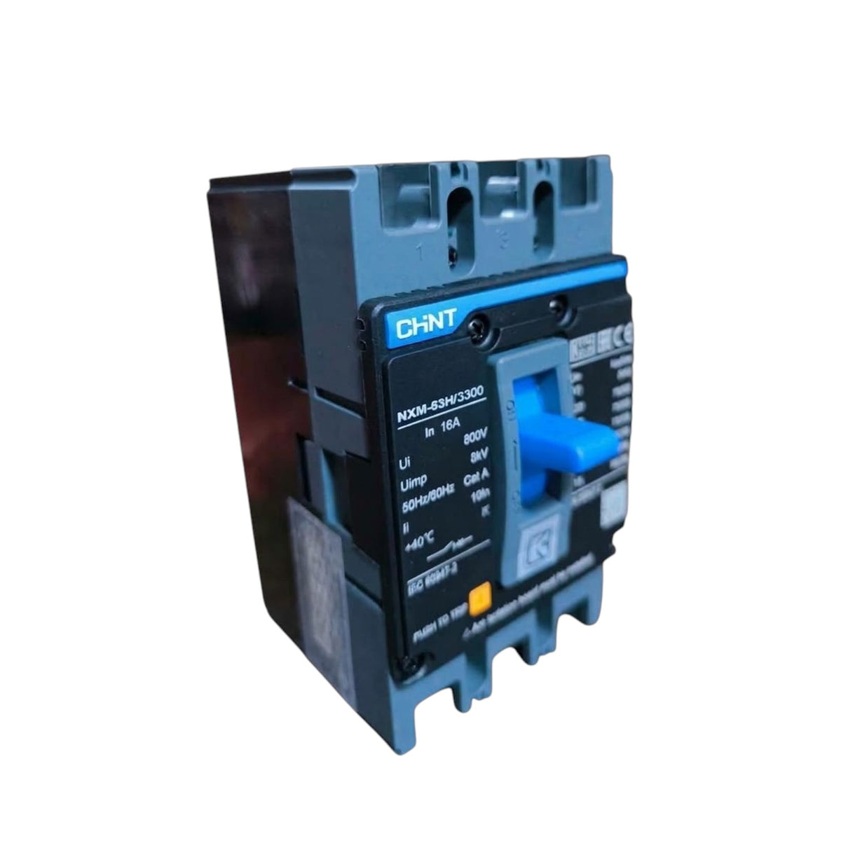 A CHNT electrical circuit breaker with a blue handle and black front panel, shown on a plain white background.