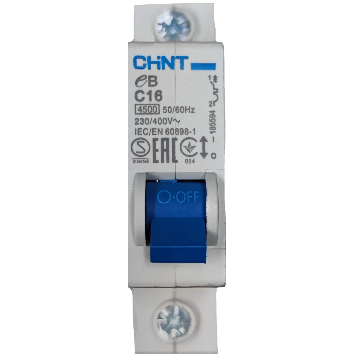 Electrical circuit breaker with blue toggle switch on a white background