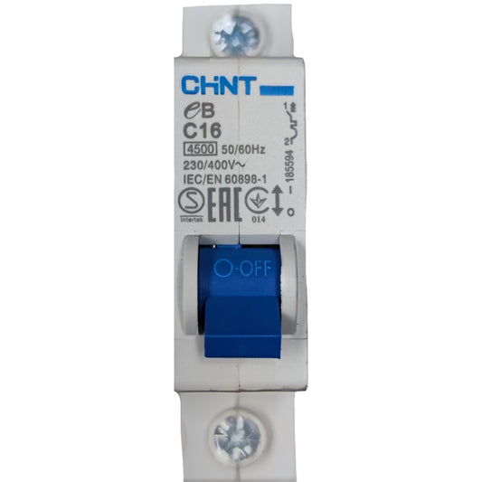 Electrical circuit breaker with blue toggle switch on a white background