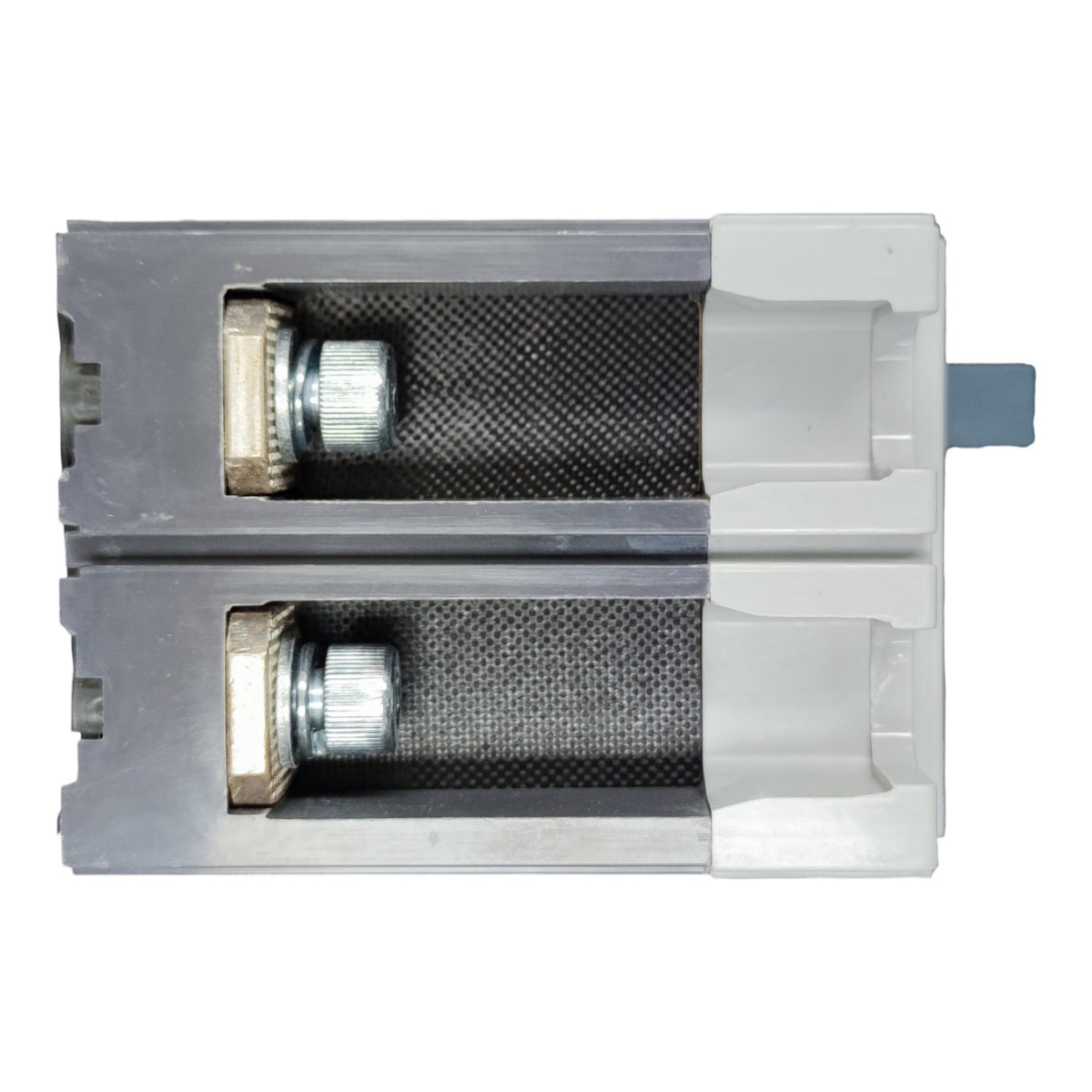 A replacement water filter cartridge with a gray plastic body, black mesh filter element, and silver metal connector, shown against a plain white background.