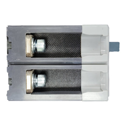 A replacement water filter cartridge with a gray plastic body, black mesh filter element, and silver metal connector, shown against a plain white background.