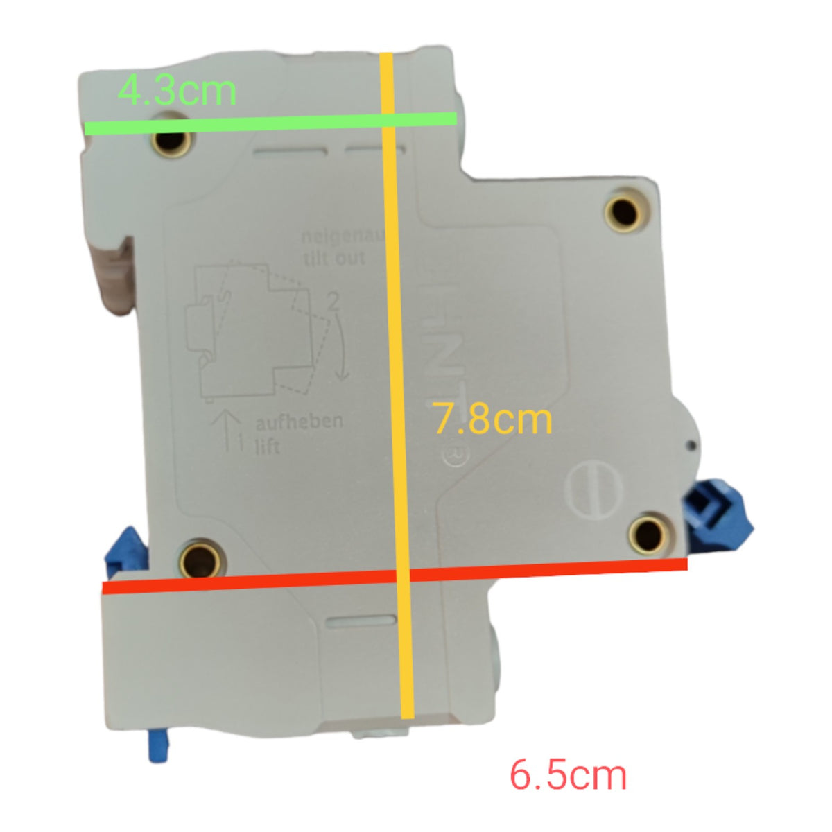 Electrical switch or connector with measurements marked on a white background