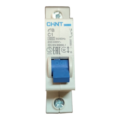 Electrical switch with blue toggle on a white background, featuring the brand 'CHINT'.