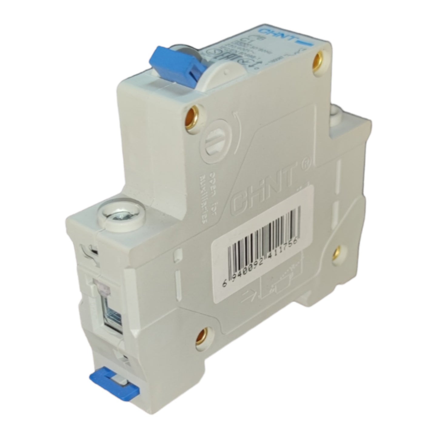 Electrical circuit breaker with a barcode label on a white background