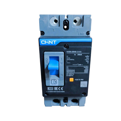 CHNT NXX-2508-2300 25A modular electrical contactor with a blue switch and gray plastic housing, shown on a white background.