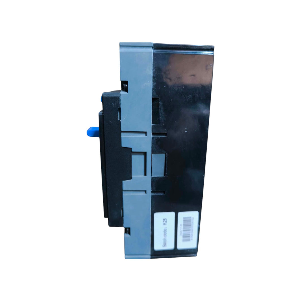 A black and gray electrical contactor or relay component with a small blue handle protruding from the side, shown against a plain white background.