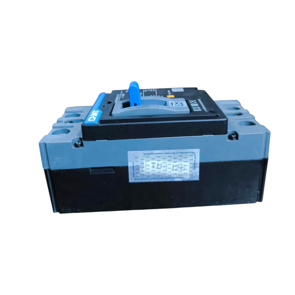 A Siemens industrial electrical component, specifically a circuit breaker module, featuring a black and gray plastic housing with a blue handle on top and a white technical specification label on the front.