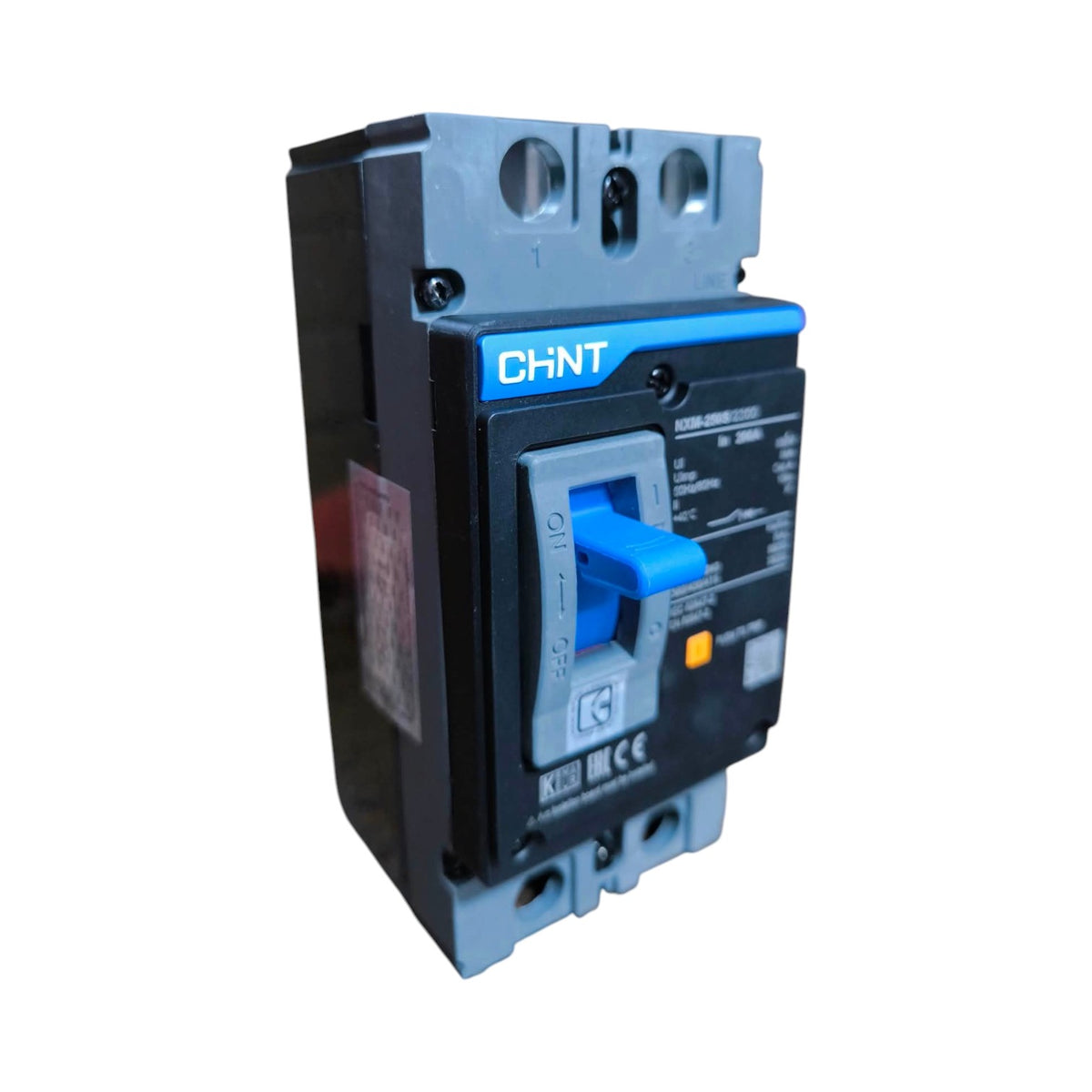 A CHNT electrical circuit breaker with a black and gray body, blue handle, and blue brand label, shown on a plain white background.