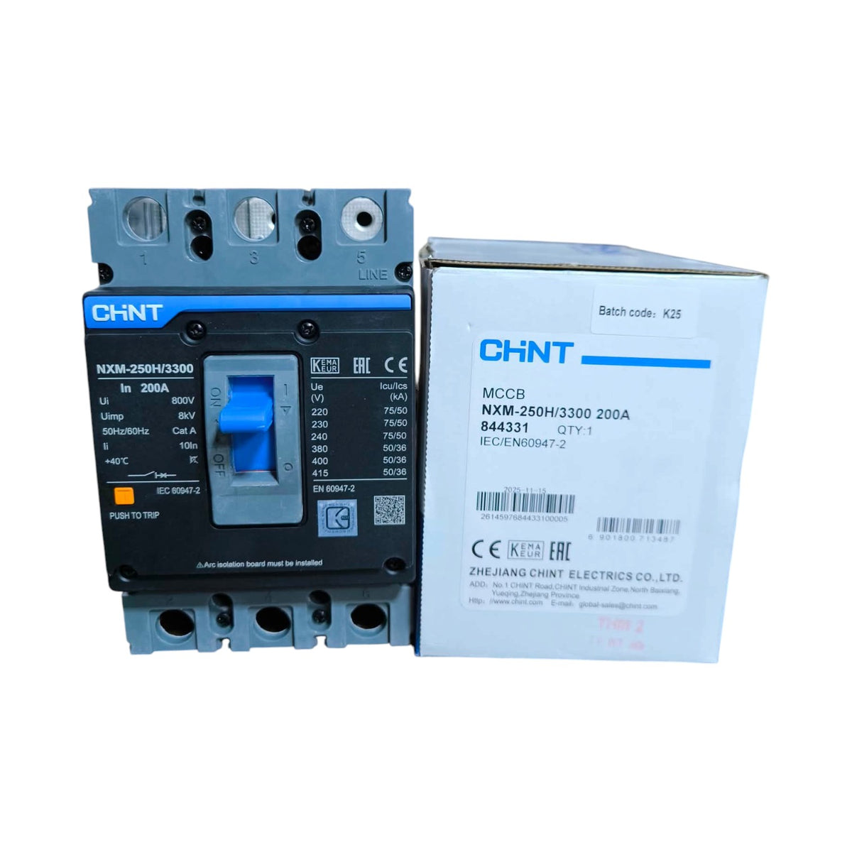 Chint 200A 3 Pole Industrial Circuit Breaker 3 Phase 250AF 75KAIC 220V 50kA 415V MCCB NXM-250H/3300/200A