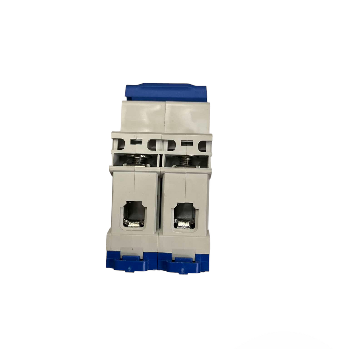 Electrical circuit breaker with blue and gray design on a white background